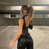 PU Leather Spring Summer Stand Collar Open Back Y2K Streetwear Hollow Crop Top